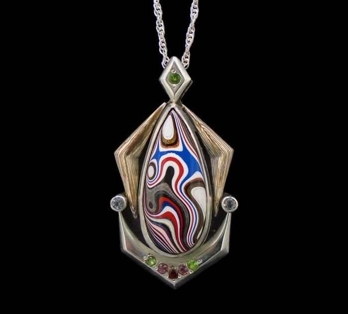 Fordite & Multi-Gemstone Sterling Silver Pendant