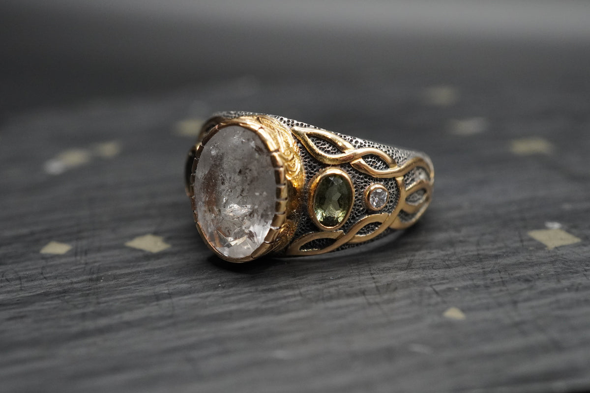 Herkimer 'Diamond', Moldavite & Diamond Ring with 18ct Gold & Sterling Silver