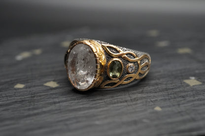 Herkimer 'Diamond', Moldavite & Diamond Ring with 18ct Gold & Sterling Silver