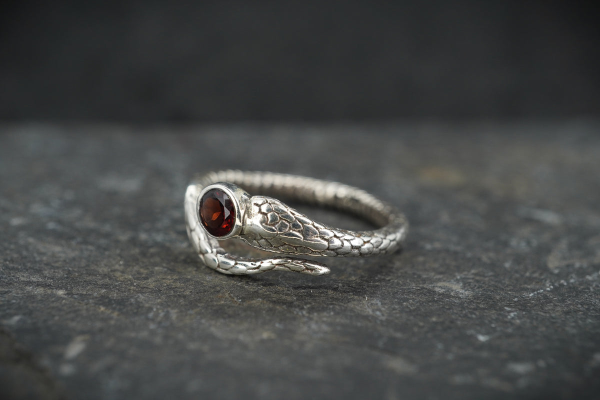 Round Garnet Sterling Silver Serpent Ring