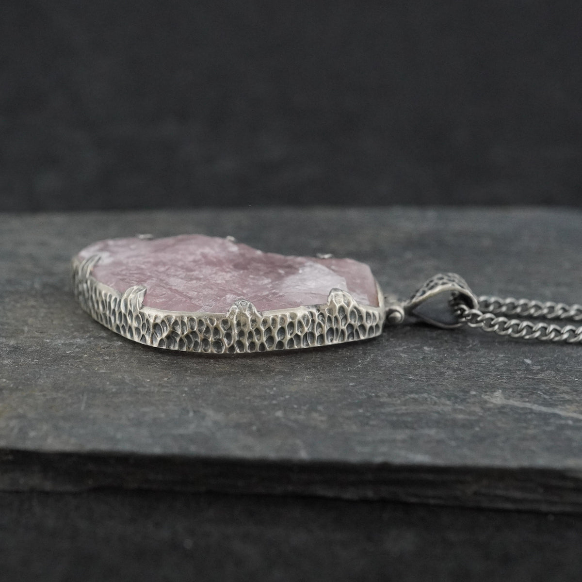 Rose Quartz Hammered Sterling Silver Pendant