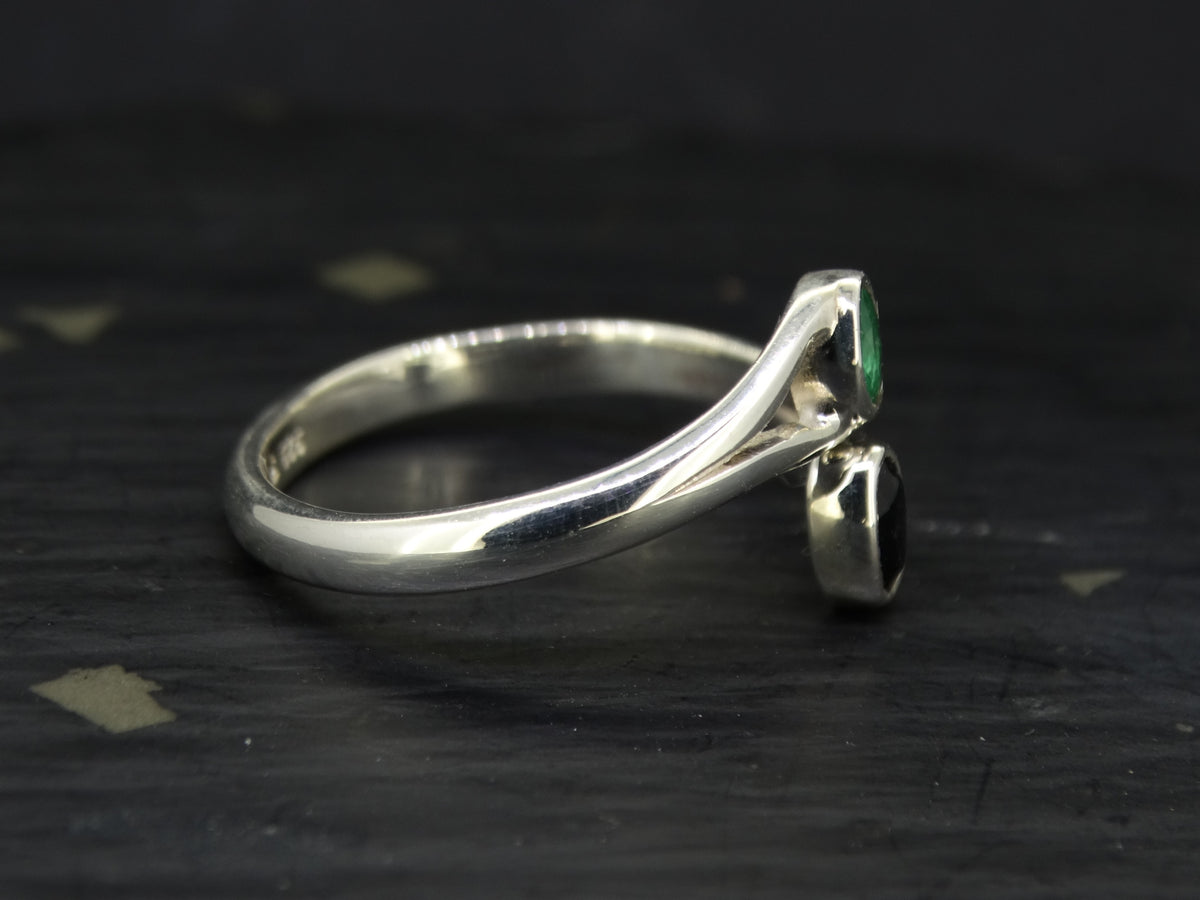 Black Sapphire and Emerald Sterling Silver Ring