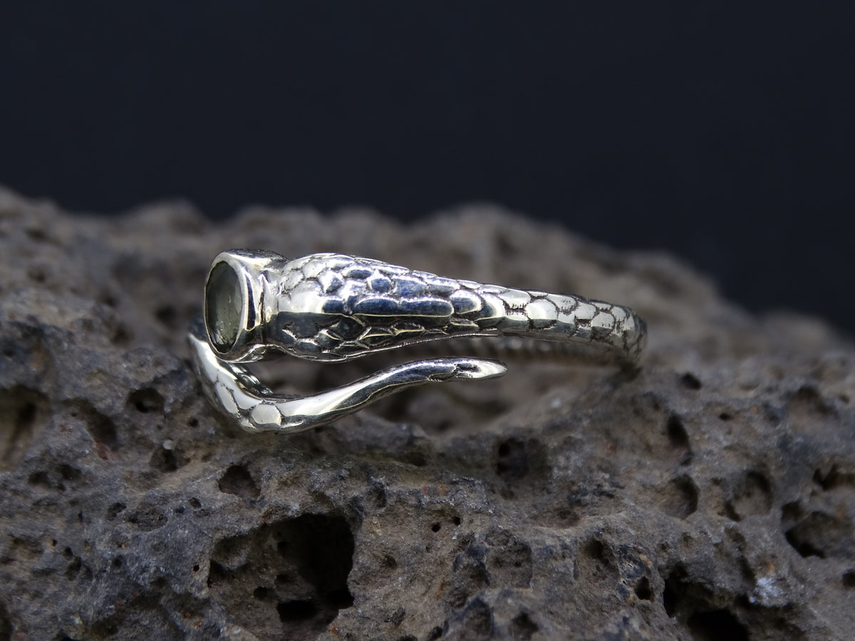 Faceted Moldavite Sterling Silver Snake Ring
