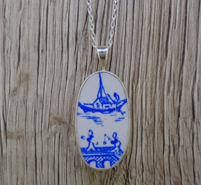 Old Willow Boat & Bridge Sterling Silver Pendant
