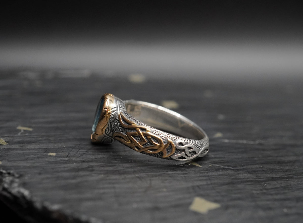 2ct Blue Topaz Celtic Ring with 18ct Gold & Sterling Silver