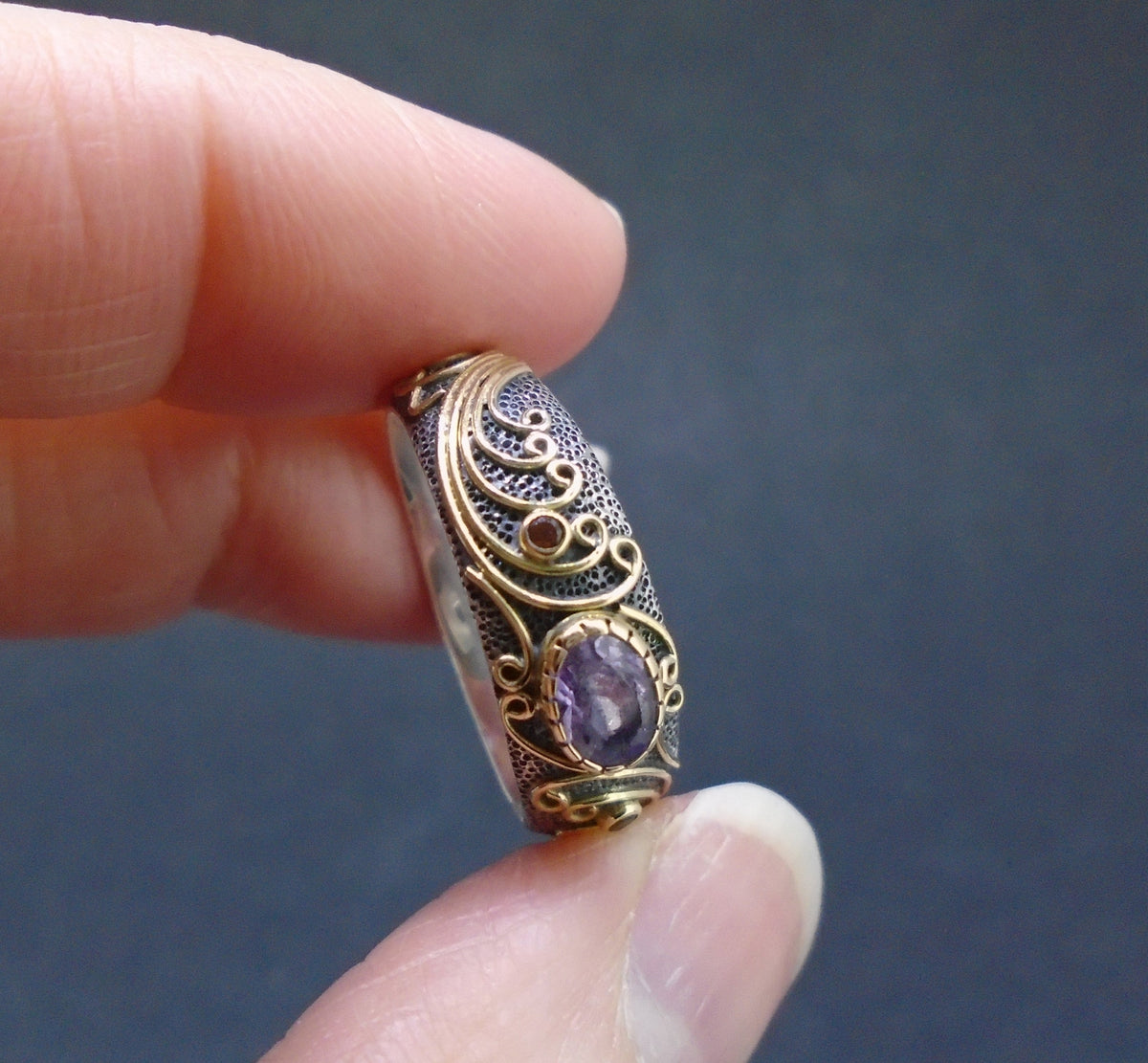 'Tonn-mara' Scottish Amethyst & Elie Ruby Scottish Gold & Silver Ring
