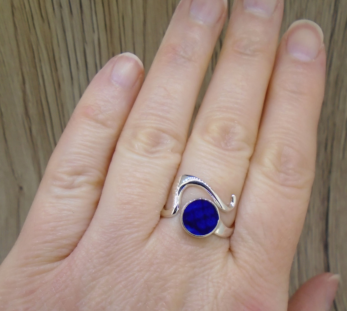 Old Willow Flow Blue Sterling Silver Adjustable Wave Ring