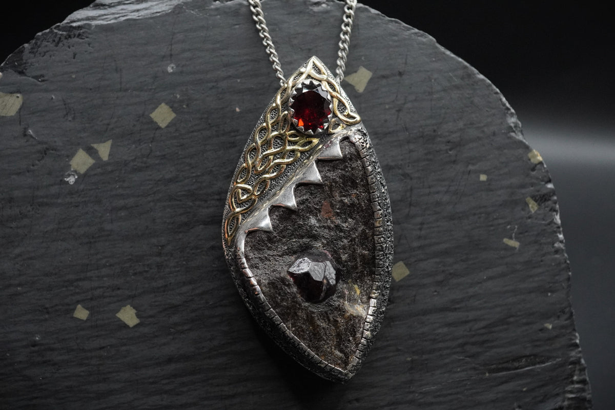 Natural Almandine Garnet in Matrix Pendant with 18ct Gold & Sterling