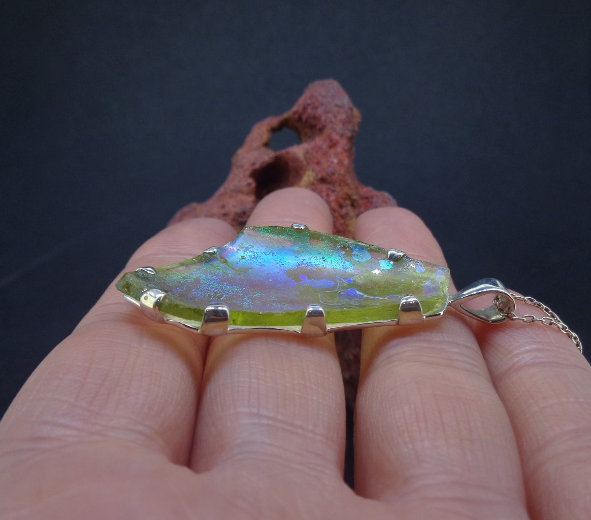 Ancient Roman Glass Sterling Silver Pendant