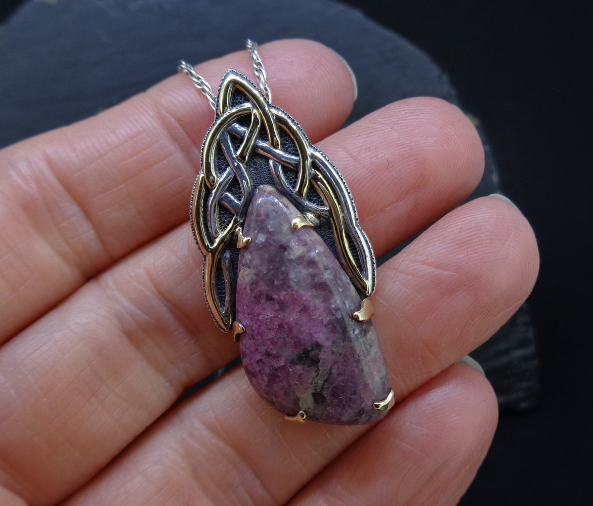 'Ròs tearc' Scottish Pink Tourmaline on a Scottish Gold & Silver Pendant