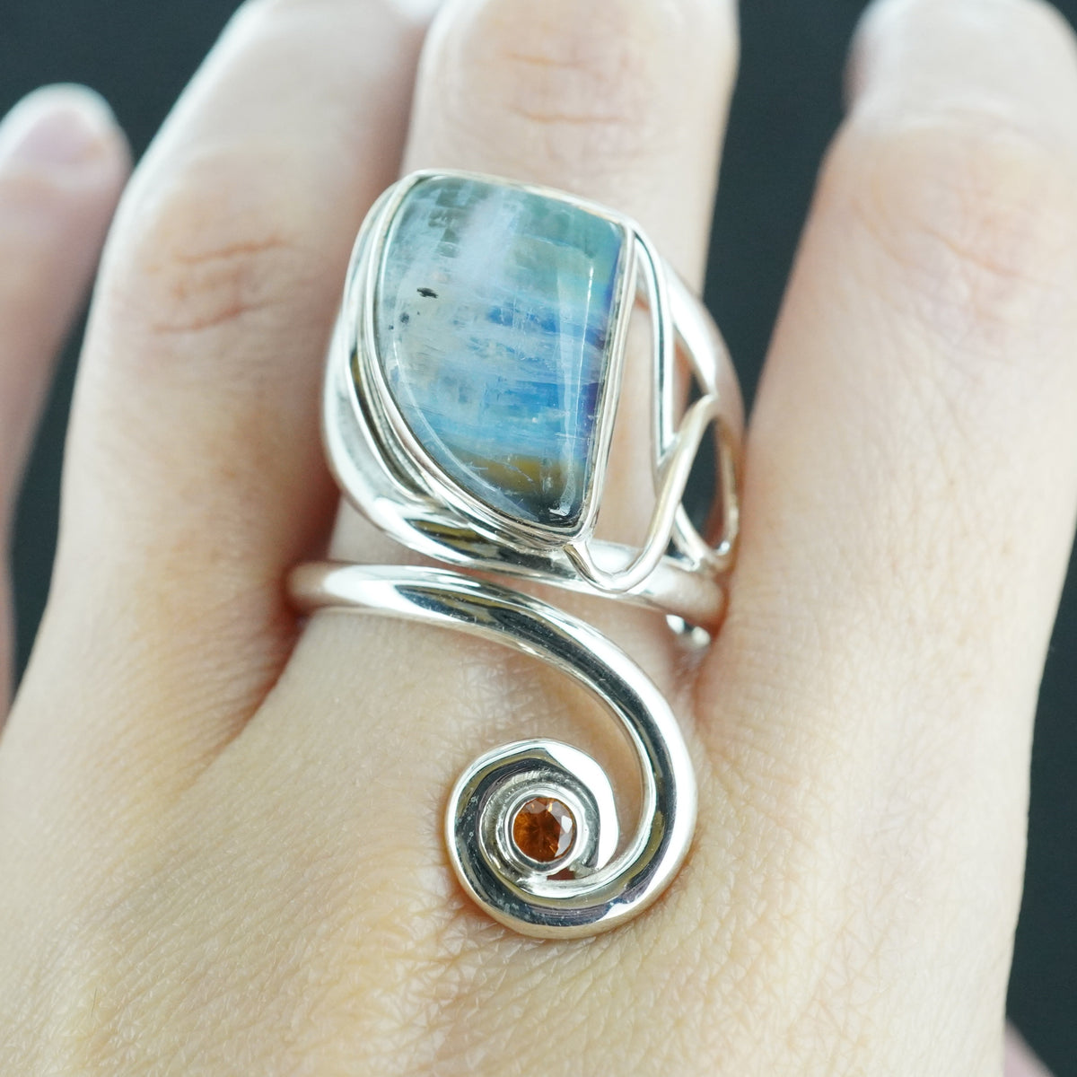 Blue Moonstone & Citrine Sterling Silver Celtic Wrap Ring
