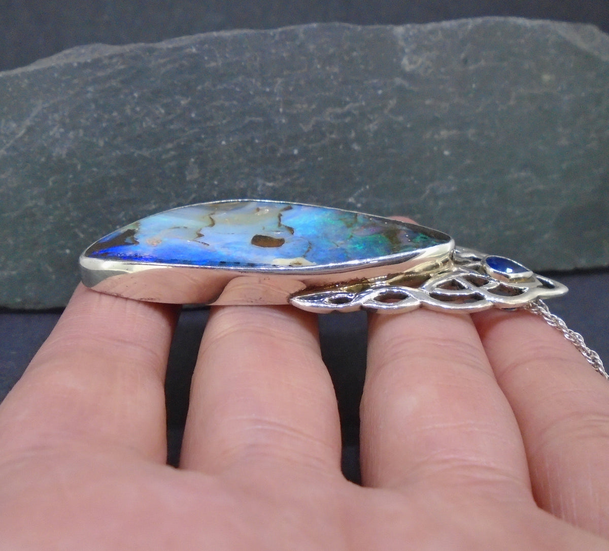Boulder Opal  & Sapphire Sterling Silver Celtic Pendant
