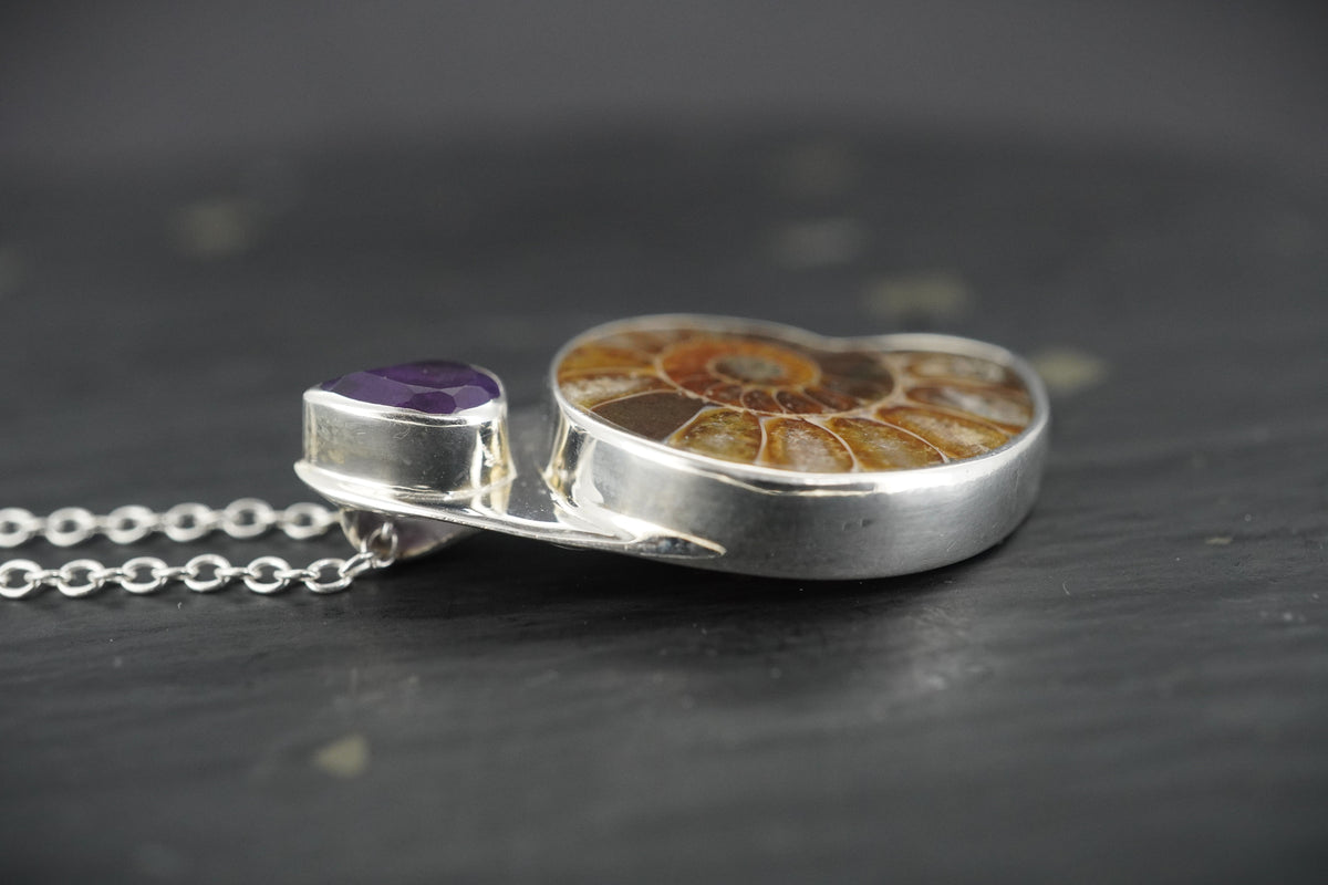 Ammonite & Amethyst Sterling Silver Pendant