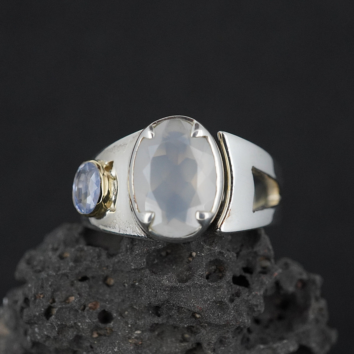 Scottish Chalcedony & Sapphire Sterling Silver Ring
