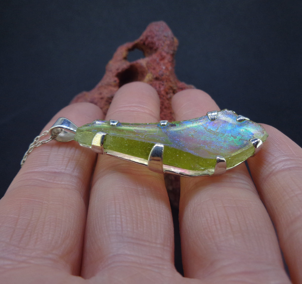 Ancient Roman Glass Sterling Silver Pendant