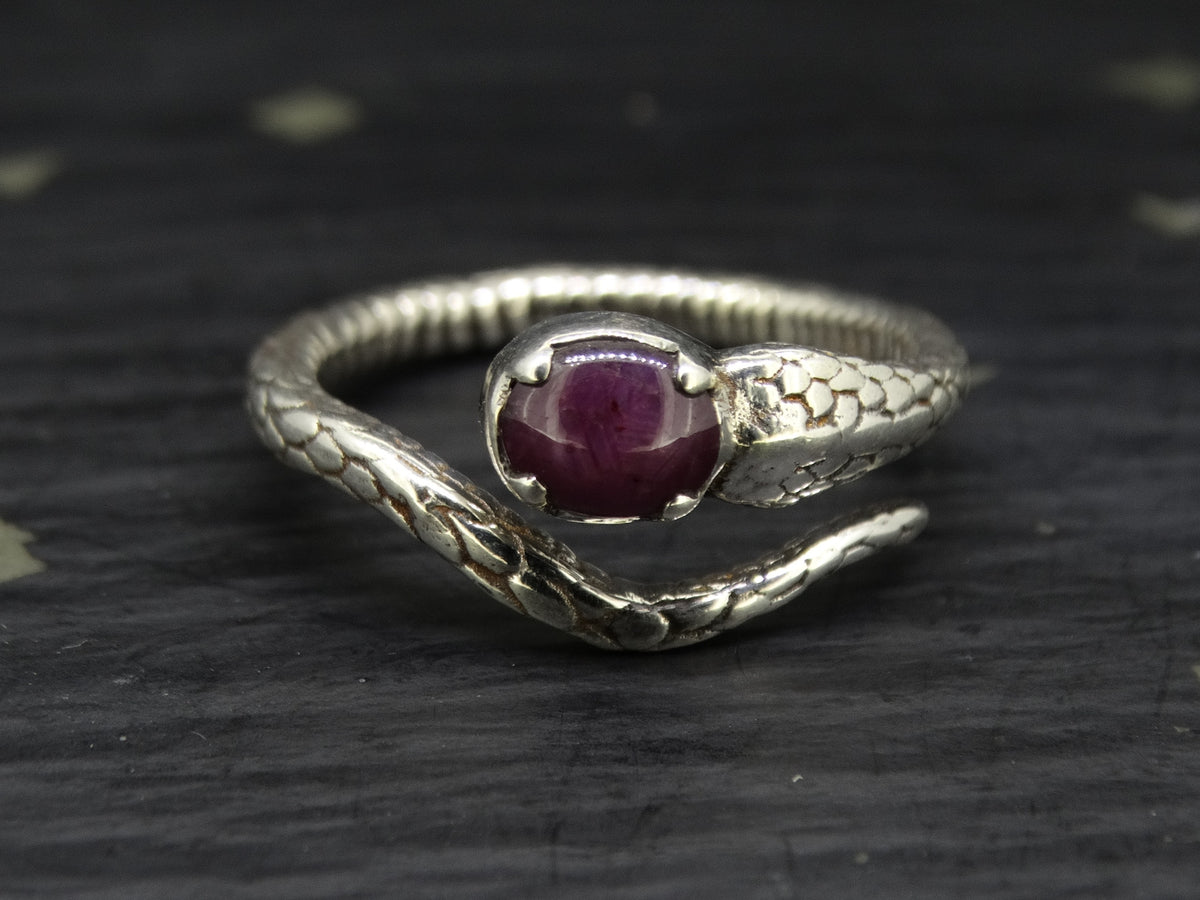 Natural Pink Star Ruby Sterling Silver Serpent Ring