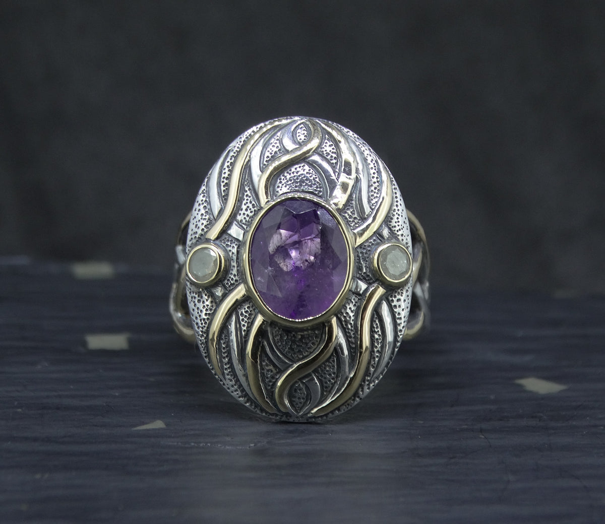 'Ostara' Scottish Amethyst & Diamonds in a Scottish Gold & Sterling Silver Ring