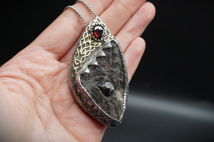 Natural Almandine Garnet in Matrix Pendant with 18ct Gold & Sterling