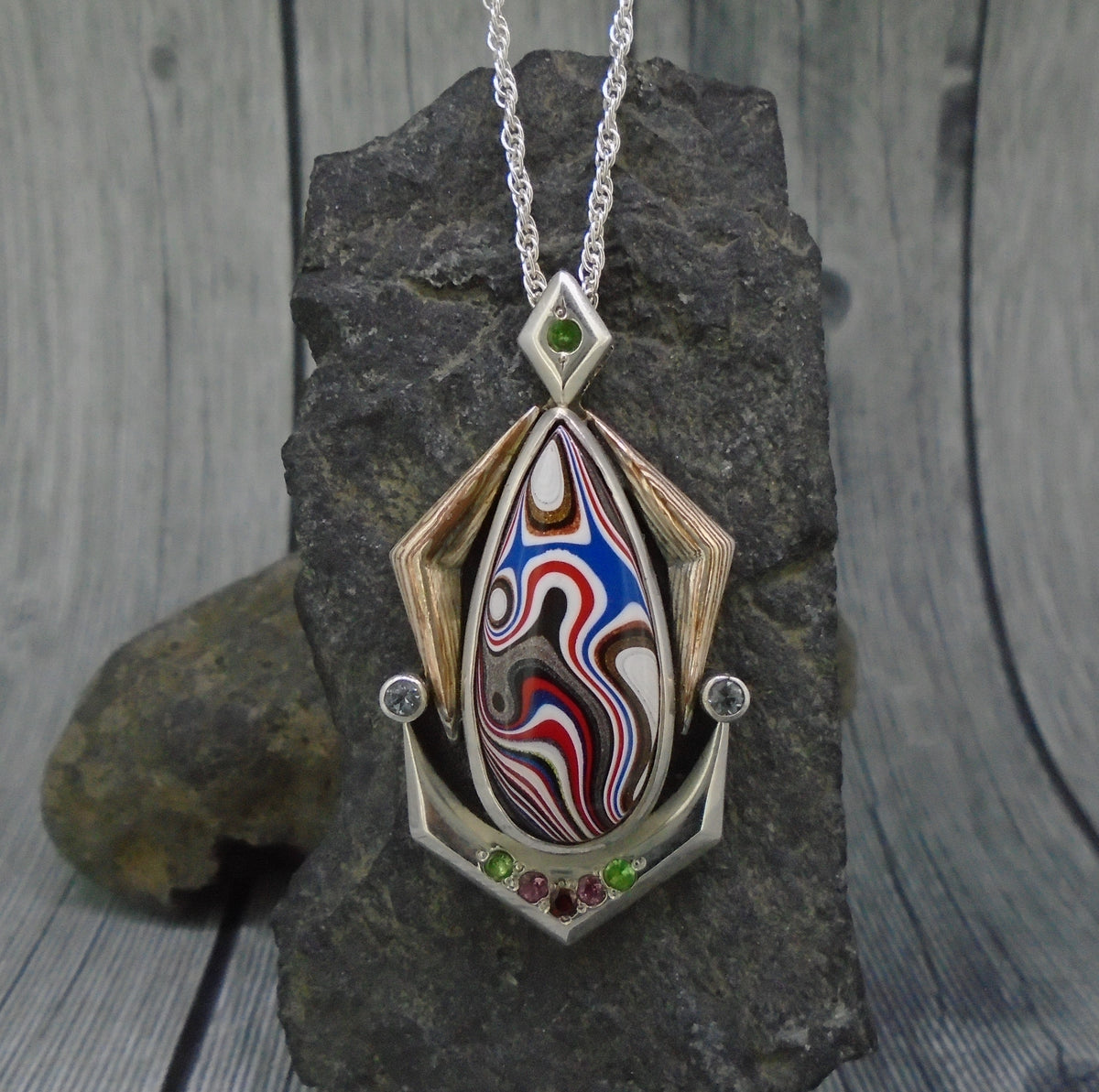 Fordite & Multi-Gemstone Sterling Silver Pendant
