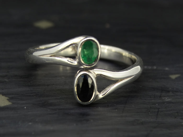 Black Sapphire and Emerald Sterling Silver Ring