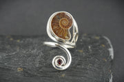 Ammonite & Red Garnet Sterling Silver Ring