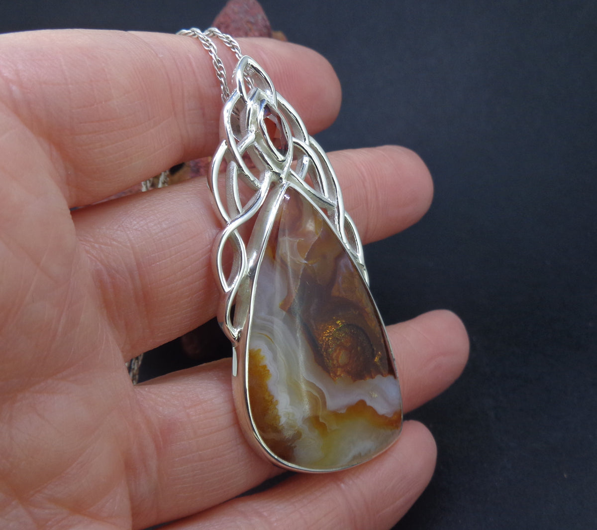 Arizona Fire Agate & Garnet Sterling Silver Celtic Pendant