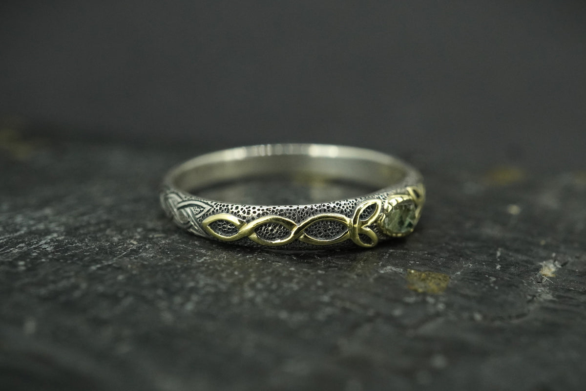 Green Scottish Sapphire Rough Shard with Scottish Gold Celtic Ring