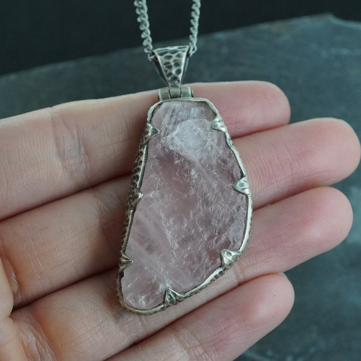 Rose Quartz Hammered Sterling Silver Pendant