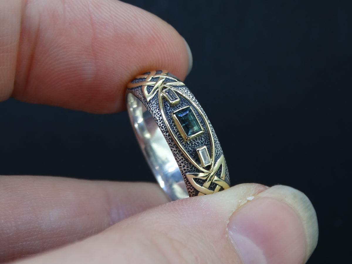 Ornate Scottish Sapphire and Diamond with Scottish Gold Celtic Ring