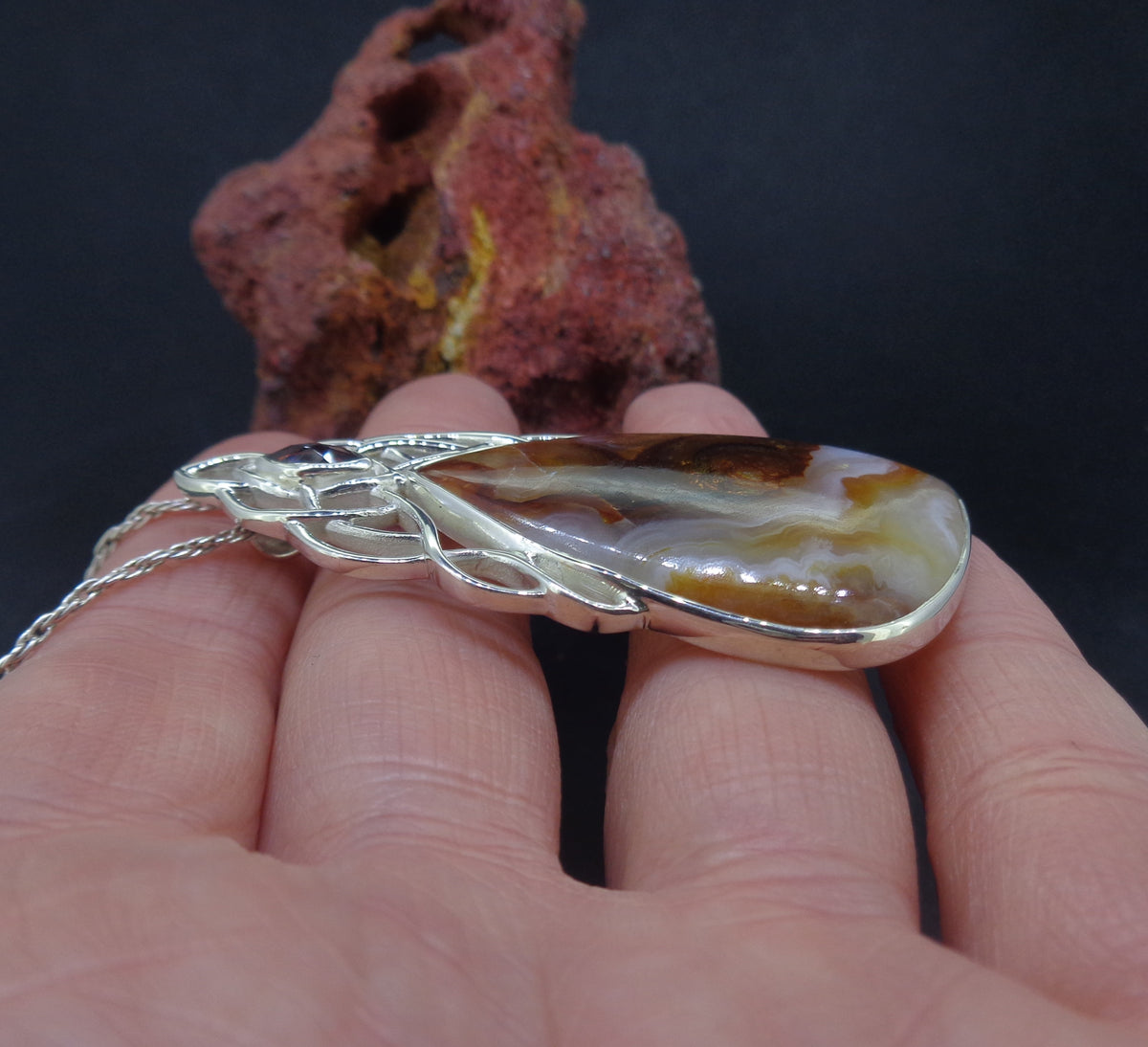 Arizona Fire Agate & Garnet Sterling Silver Celtic Pendant