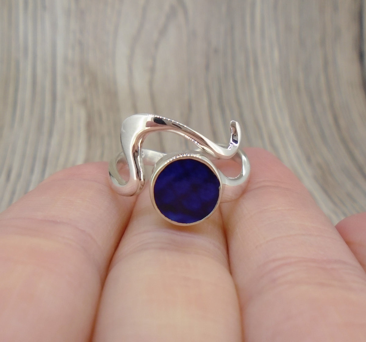 Old Willow Flow Blue Sterling Silver Adjustable Wave Ring