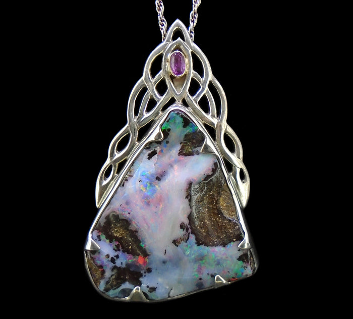 Boulder Opal  & Rose Sapphire Sterling Silver Celtic Pendant