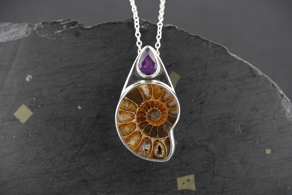 Ammonite & Amethyst Sterling Silver Pendant