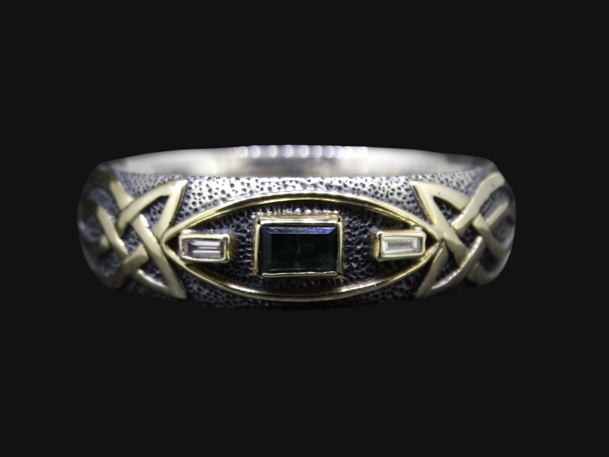 Ornate Scottish Sapphire and Diamond with Scottish Gold Celtic Ring