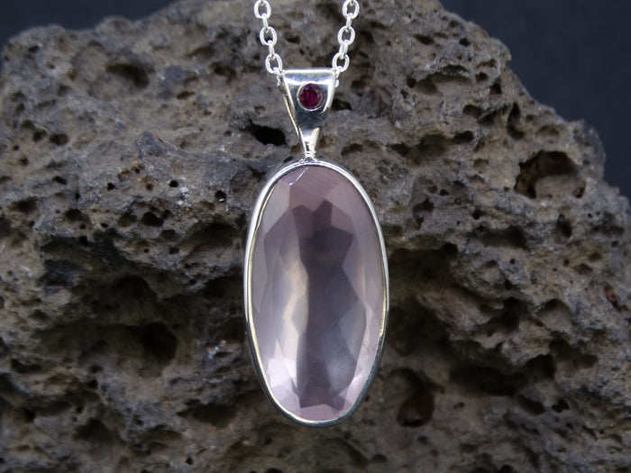 Rose Quartz with Garnet Sterling Silver Pendant