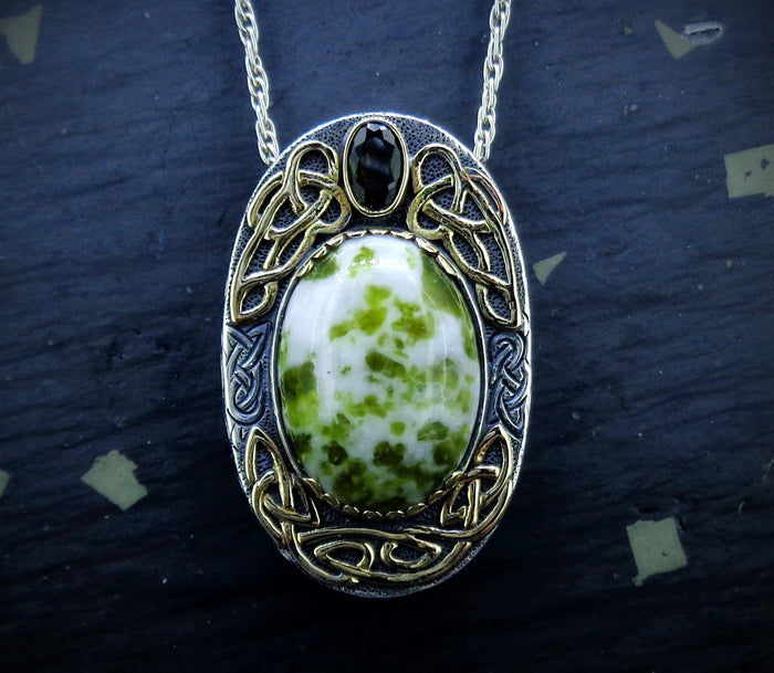 'Eilean Naomh' Iona Marble & Tourmaline, on a Scottish Gold & Silver Pendant