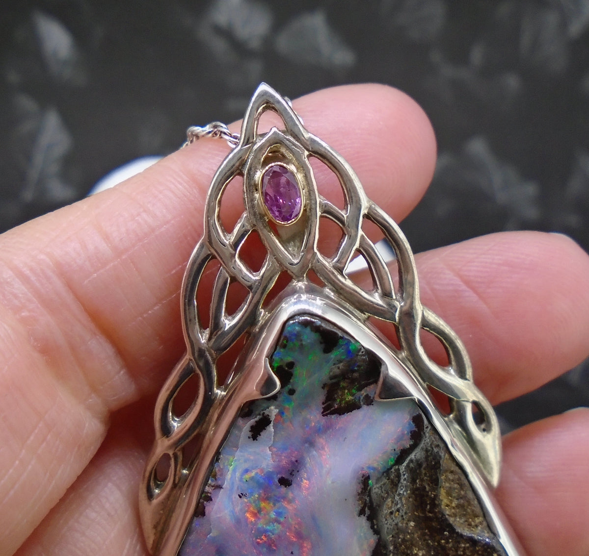 Boulder Opal  & Rose Sapphire Sterling Silver Celtic Pendant