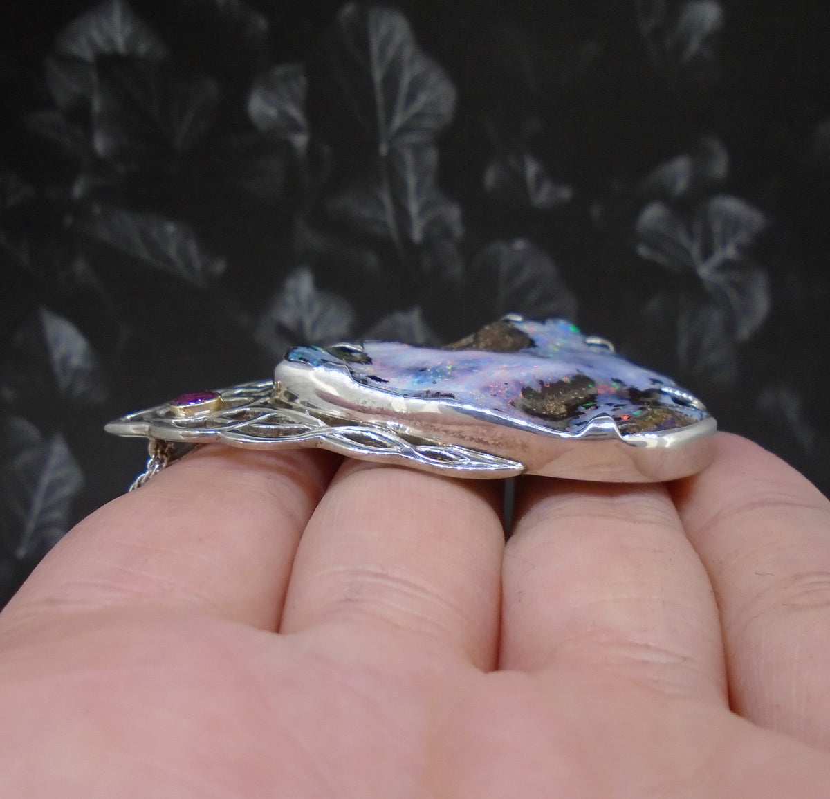 Boulder Opal  & Rose Sapphire Sterling Silver Celtic Pendant