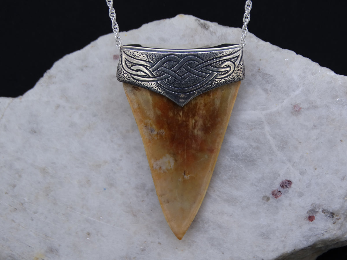 Great White Shark Tooth and Garnet Sterling Silver Pendant