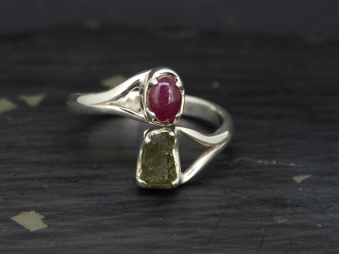 Ruby and Moldavite Sterling Silver Ring