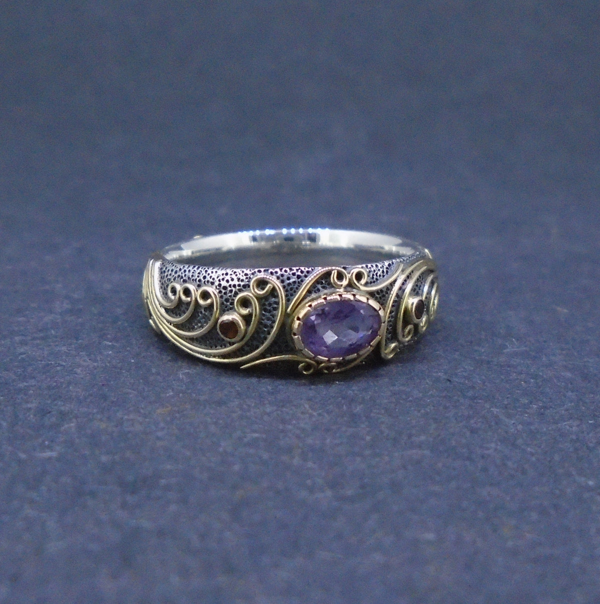 'Tonn-mara' Scottish Amethyst & Elie Ruby Scottish Gold & Silver Ring