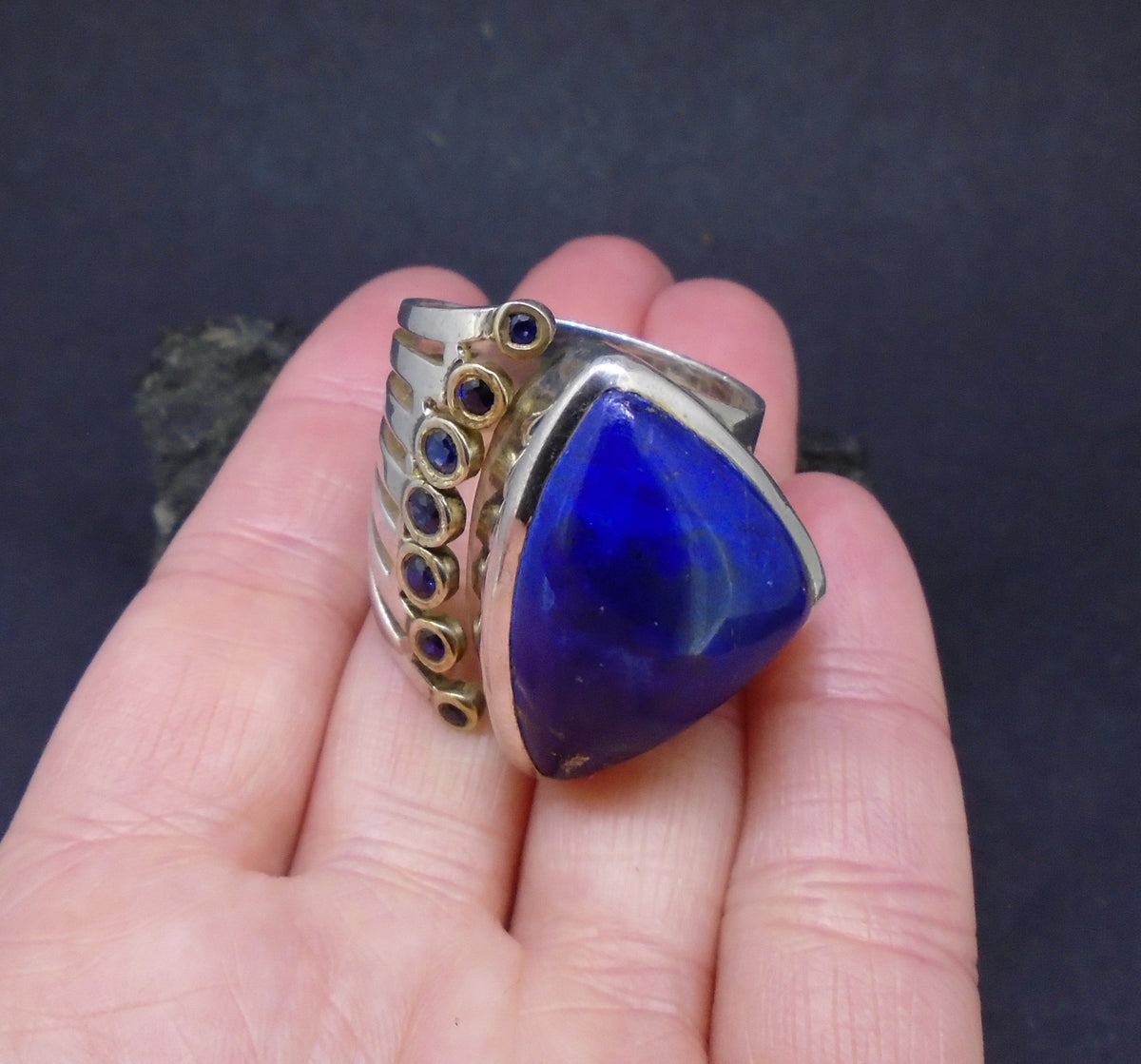 Lapis Lazuli & Sapphire Sterling Silver & 18ct Gold Ring, Size X