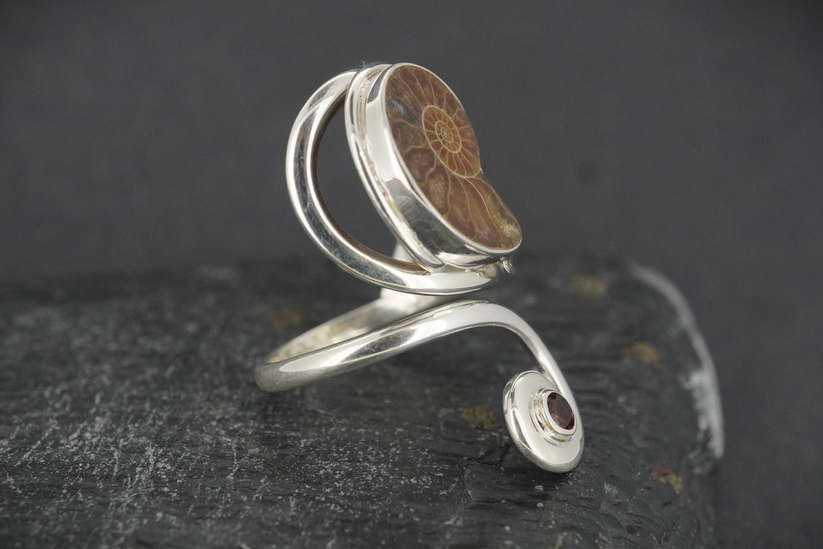 Ammonite & Red Garnet Sterling Silver Ring