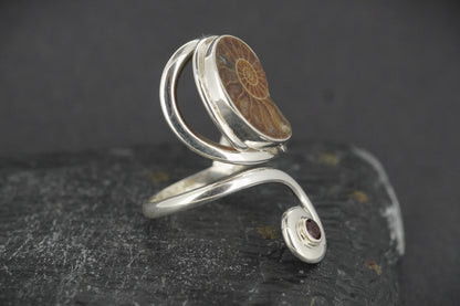 Ammonite & Red Garnet Sterling Silver Ring