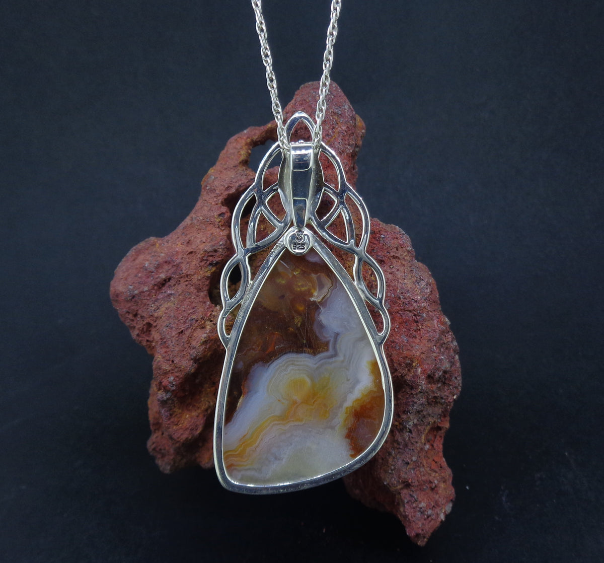 Arizona Fire Agate & Garnet Sterling Silver Celtic Pendant