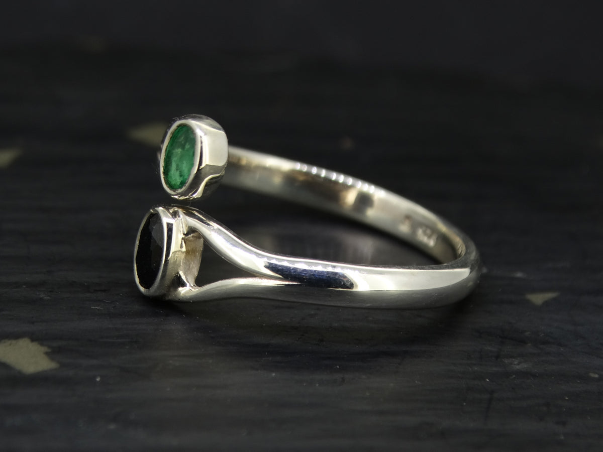 Black Sapphire and Emerald Sterling Silver Ring