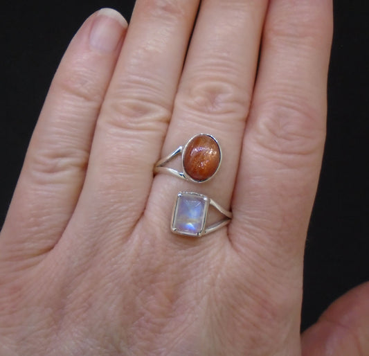 Sunstone & Moonstone Sterling Silver Adjustable Ring