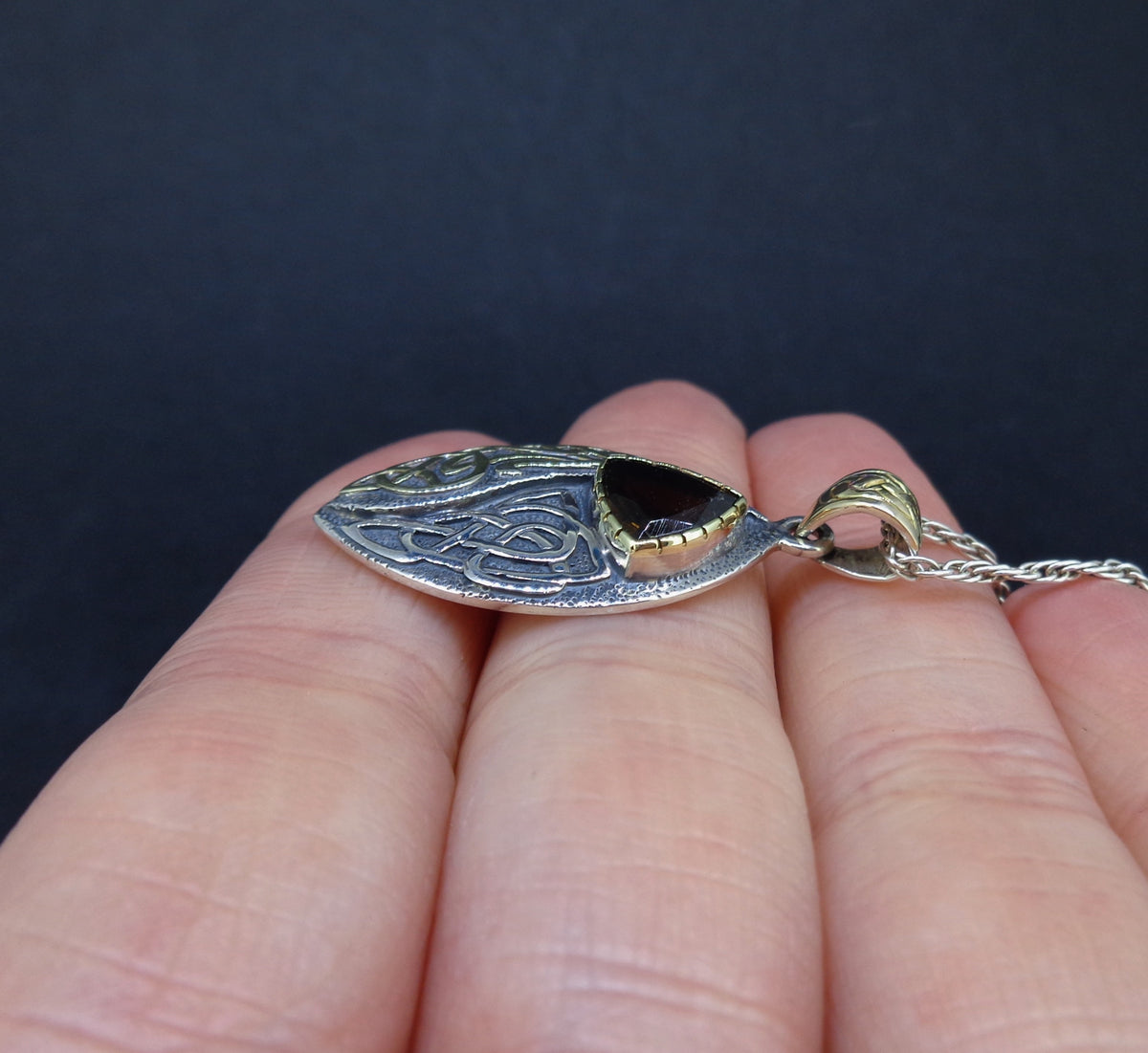'Glen Clova' Cairngorm Quartz, Scottish Gold & Silver Celtic Pendant