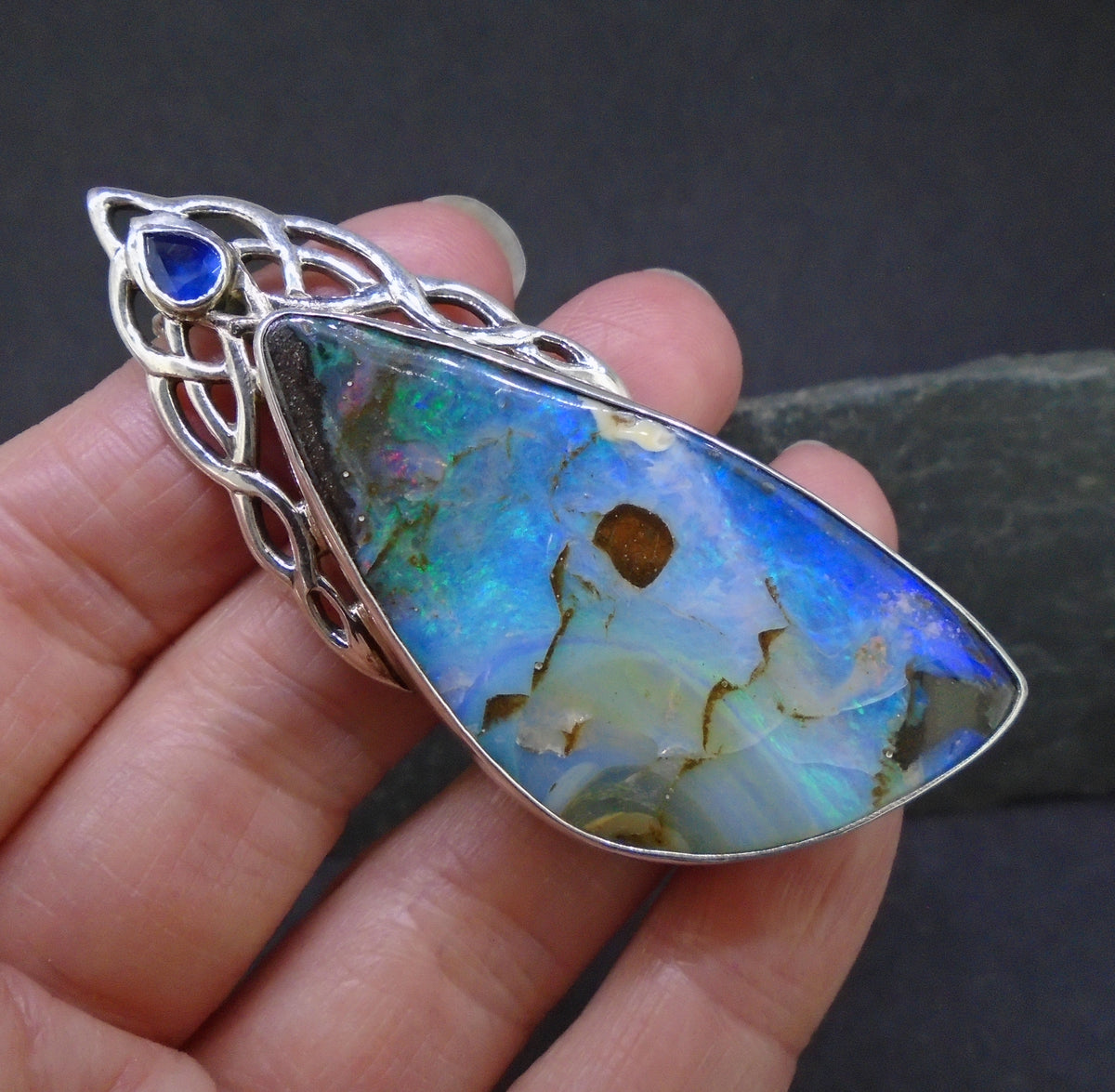Boulder Opal  & Sapphire Sterling Silver Celtic Pendant