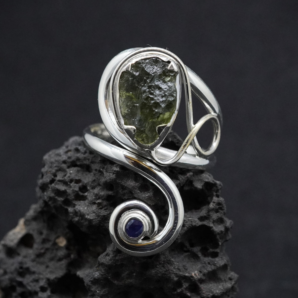 Moldavite & Sapphire Sterling Silver Ring